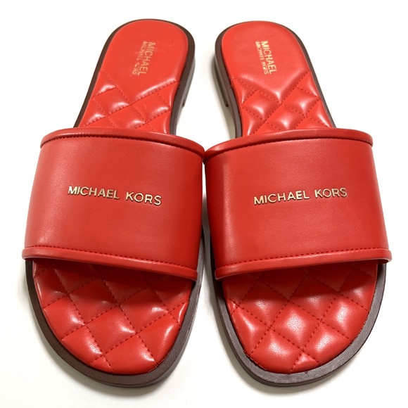 NWOB MICHAEL KORS Quilted Slide Sandal Signature Logo Orange Red PU - Picture 1 of 11